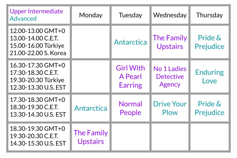 Timetable of current English book clubs